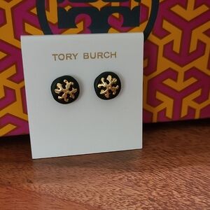 Tory Burch Roxanne Black and Gold Button Stud Earrings